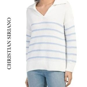 Christian Siriano White Blue Striped Relaxed V Neck Collared Sweater Sz Large
